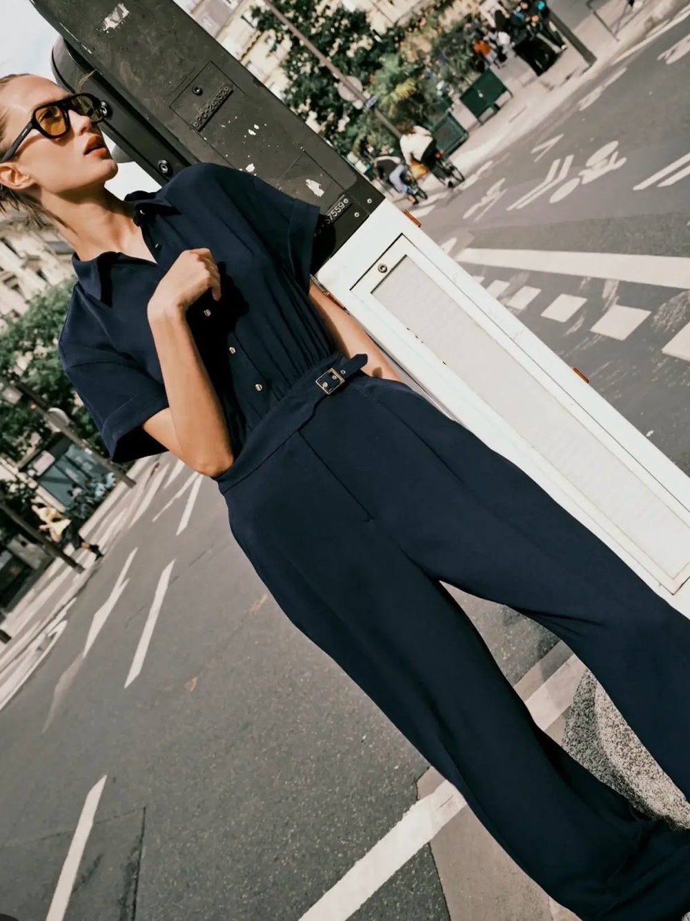 Zara Navy Short-Sleeve Belted Jumpsuit